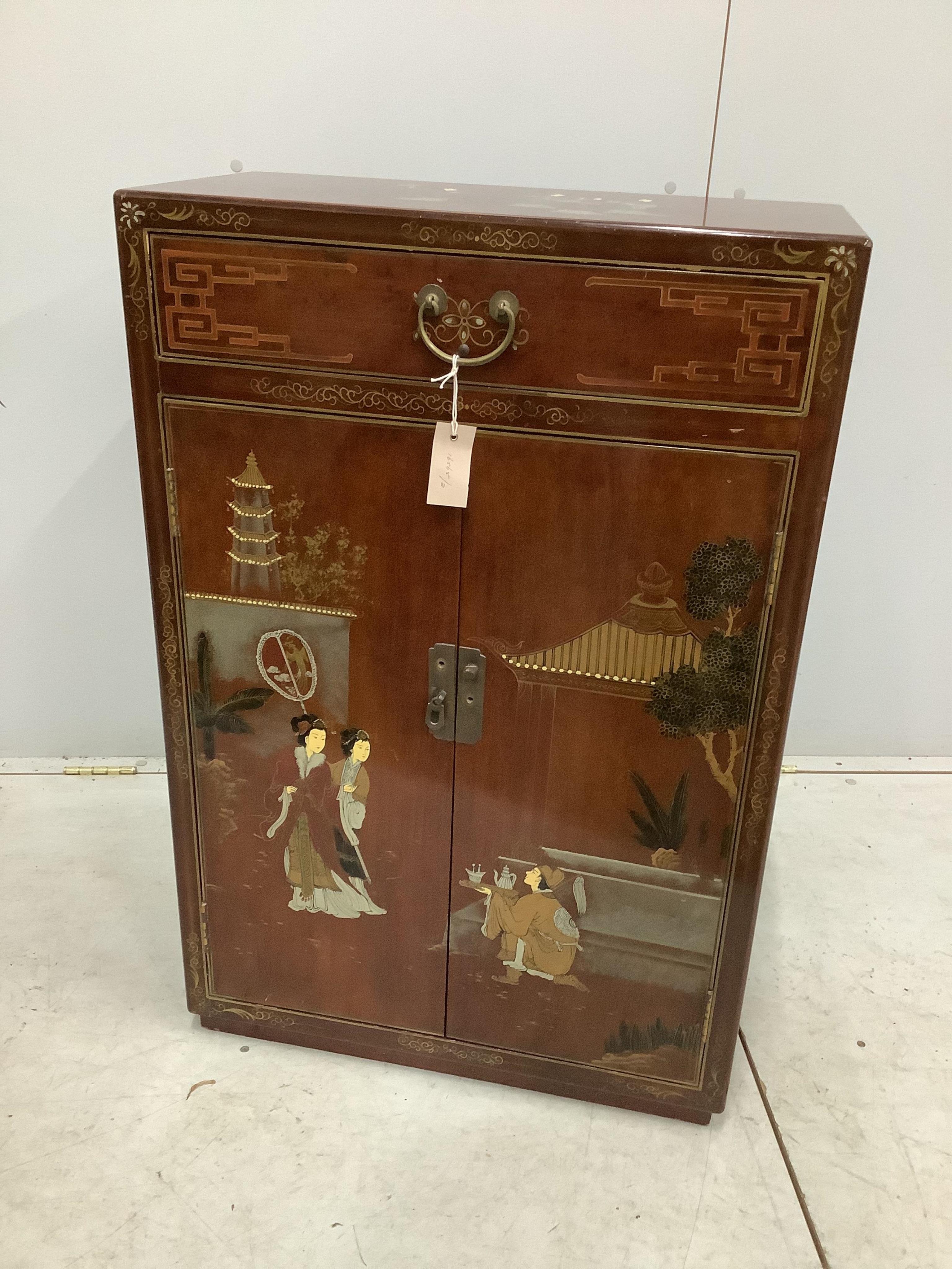 A Chinese painted hardwood side cabinet, width 60cm, depth 30cm, height 91cm. Condition - good